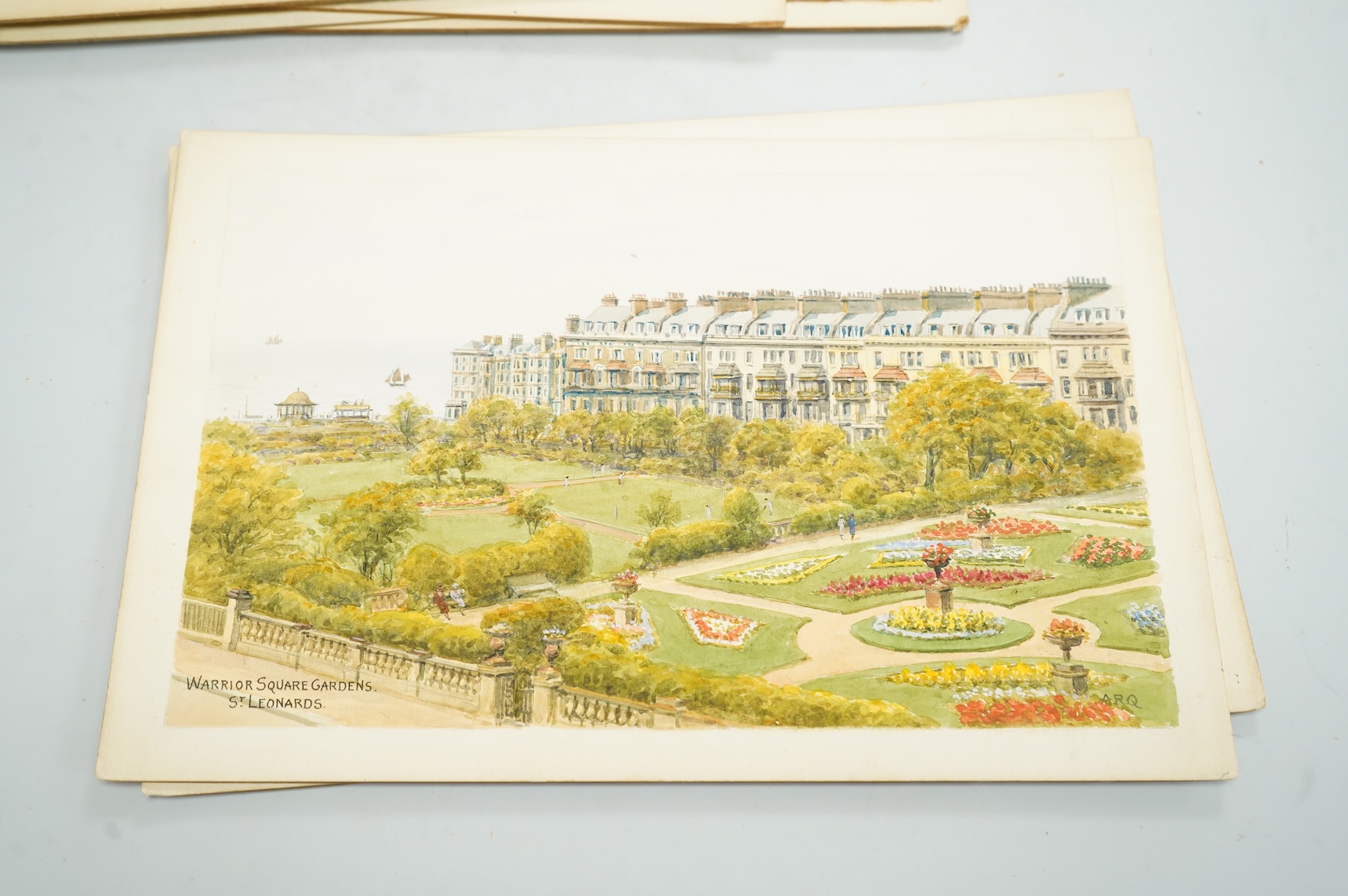 Alfred Robert Quinton (1853-1934), Set of six original watercolours for postcard designs, Sussex coastal towns, to include Warrior Square Gardens, St. Leonards, The Cuckmere Valley, Seaford, Grand Parade and Wish Tower,